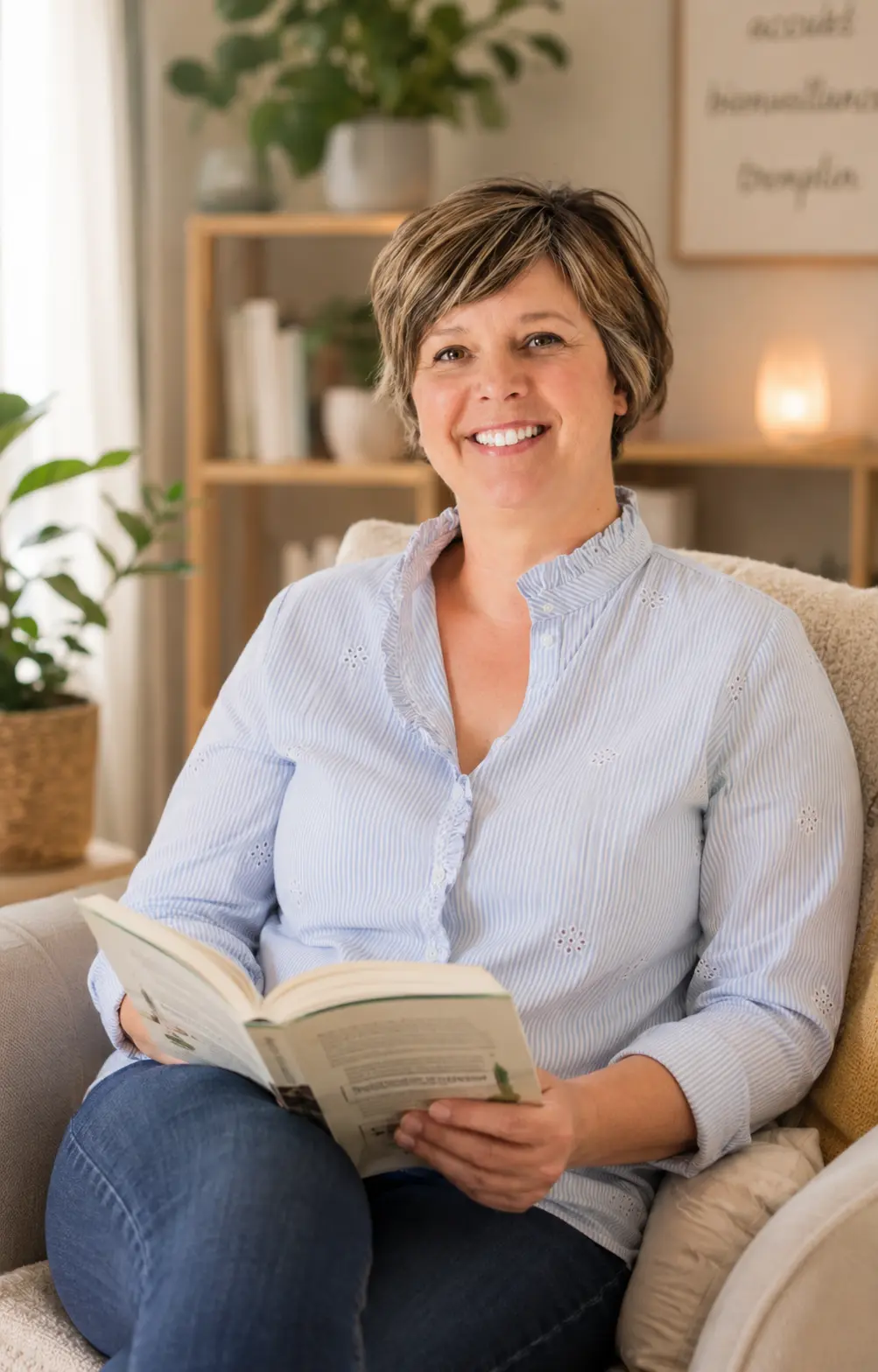 Audrey Keunebrock lisant un livre dans un intérieur chaleureux dans la Pévèle